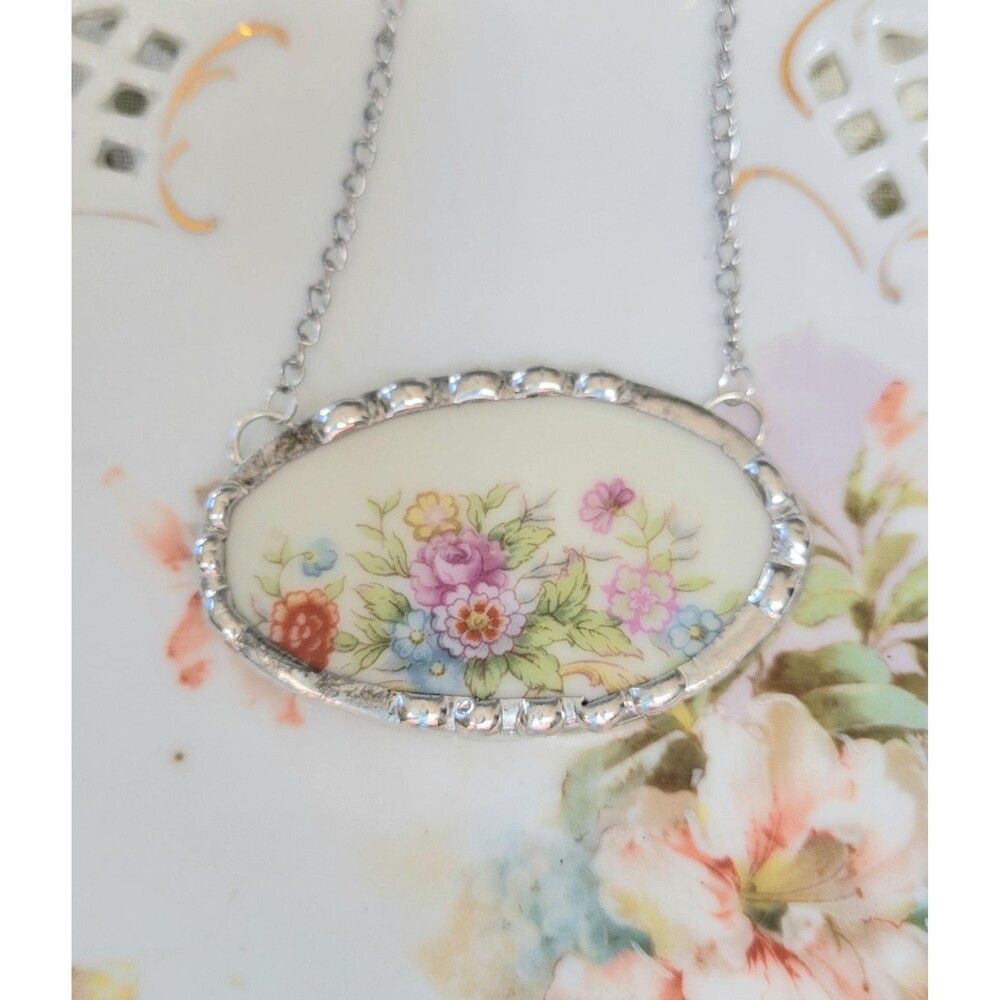 Broken China Colorful Floral Bouquet Soldered Pendant Necklace